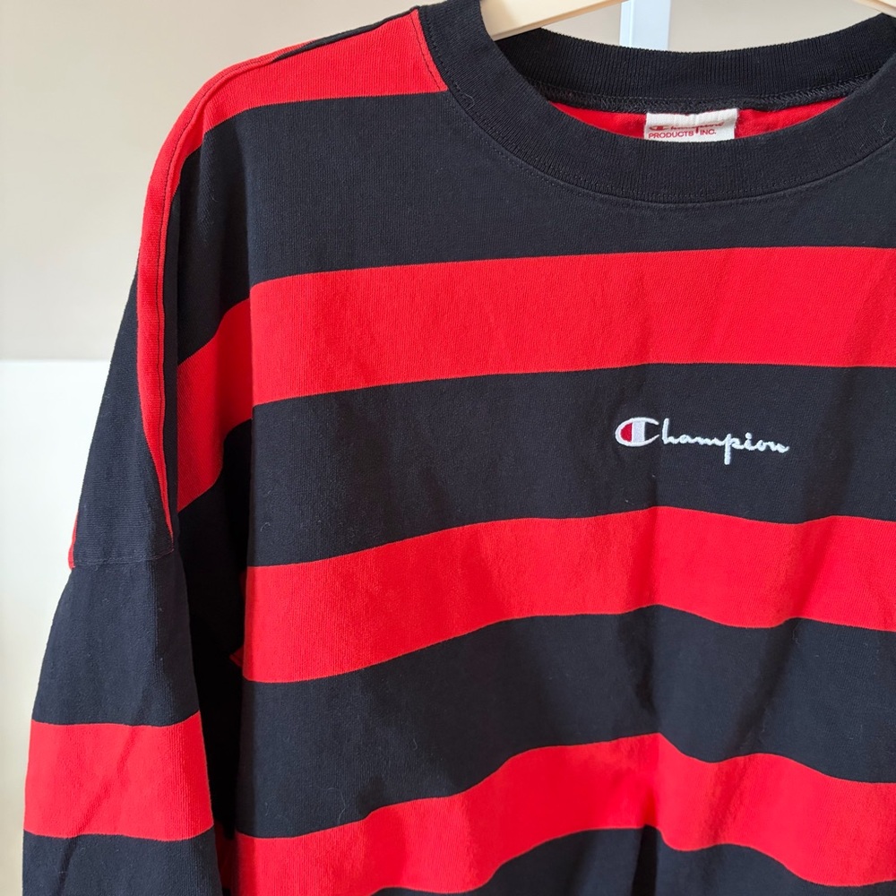 Champion Red Black Striped Crewneck Long Sleeve T-Shirt Sweatshirt Athleisure S - Picture 2 of 5